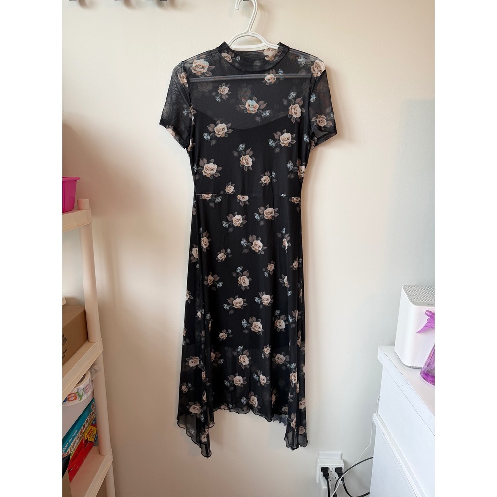 Goth Dark Floral Mesh Midi Dress Black Rose Mock Neck Handkerchief Hem Medium